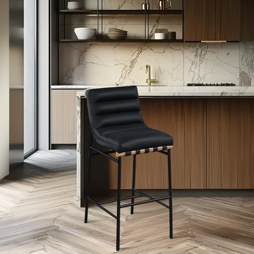 Miniatura 2 de Meridian Furniture 846Black-C Burke Collection Modern Taburete de bar contemporáneo con cuero vegano negro suave, marco de metal negro mate