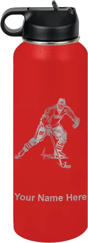 Miniatura 8 de LaserGram Botella de agua personalizada, jugador de hockey, acero inoxidable de doble pared aislada al vacío con popote superior, regalo grabado