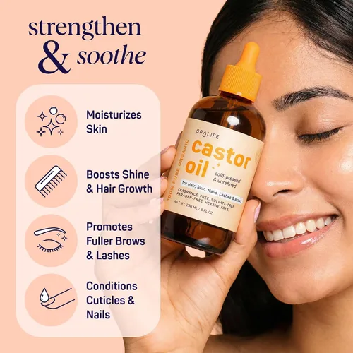 Miniatura 6 de SpaLife Aceite de ricino orgánico prensado en frío para cara, cejas, cabello, piel, uñas y pestañas, aceite de ricino prensado en frío sin hexano