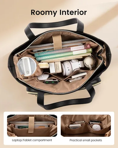 Miniatura 5 de LOVEVOOK: bolsa de mano para profesores con bolsillo de acordeón, maletín de trabajo de cuero PU suave acolchado, bolsa para laptop con portavasos