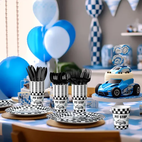 Miniatura 6 de Recuerdos y suministros para fiesta de cumpleaños de autos de carreras, juego de vajilla con platos, servilletas y tenedores