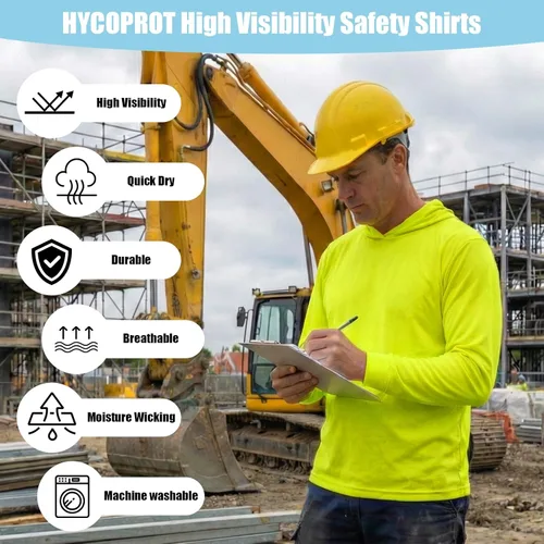 Miniatura 4 de HYCOPROT Hi Vis - Camisas de seguridad con capucha de alta visibilidad, manga larga, camisetas de trabajo de construcción, camisetas con capucha