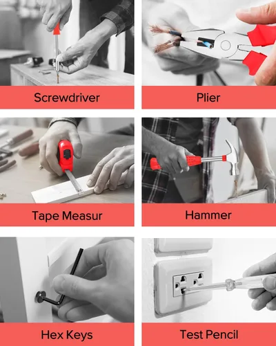 Miniatura 7 de Kit de herramientas de bricolaje de 24 piezas para el hogar, oficina y garaje - Juego de herramientas de mano pequeñas de reparación general con Rojo