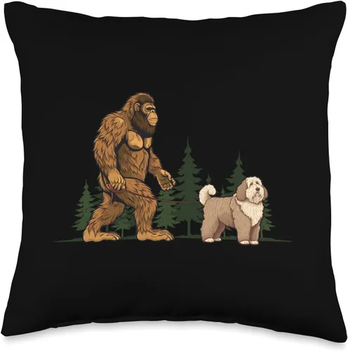 Old English Sheepdog N Bigfoot Funny Old English Sheepdog Bigfoot Walking Dog Mom Dad - Almohada de 16 x 16 pulgadas, multicolor