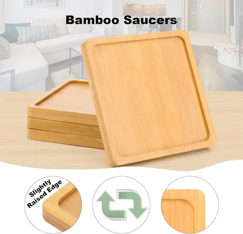 Miniatura 4 de Cosmos 4 piezas de platillo de bambú para suculentas, bandeja de drenaje con borde elevado para macetas pequeñas de 3.5 pulgadas (forma cuadrada)