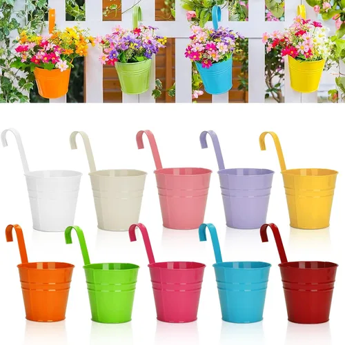 Miniatura 11 de KINGLAKE Macetas de flores, 10 macetas de metal para colgar en hierro, balcón, jardín, plantas, cestas para vallas, 4 pulgadas, soportes para flores