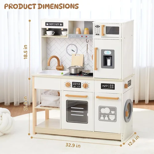 Miniatura 2 de Freniland Cocina de juego de madera, juego de cocina para niños con luz y sonido reales, máquina de hielo realista, estufa y horno, juguete