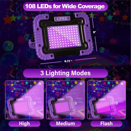 Miniatura 5 de Luz negra recargable - Luz negra UV alimentada por batería, portátil, luz de inundación ultravioleta inalámbrica de 395 nm para fiestas brillantes