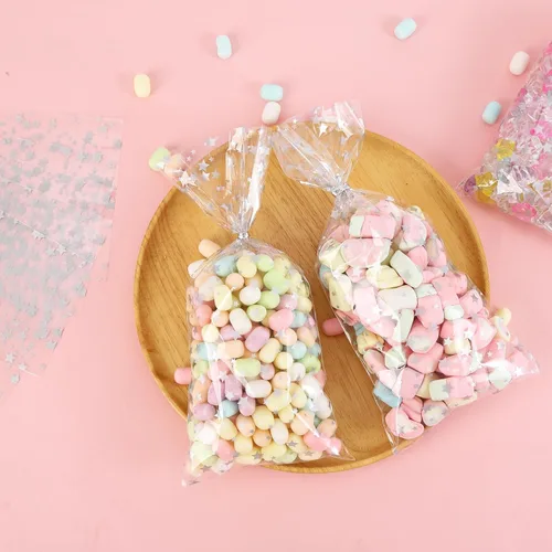 Miniatura 4 de 100 bolsas de celofán con estampado de estrellas plateadas de 5 x 11 pulgadas, bolsas de celofán transparentes para galletas, con lazos giratorios