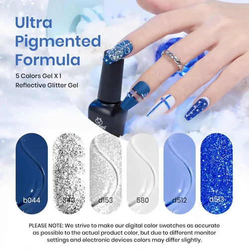 Miniatura 3 de beetles Gel Polish Juego de esmalte azul con purpurina de la colección de copos de nieve, color blanco, azul marino, plateado, gel de remojo
