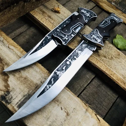 Miniatura 3 de MADSABRE Cuchillo de cabaña semi plegable grande de 12.7 pulgadas con hoja de 7.9 pulgadas de largo, mango de madera con patrón de relieve 3D
