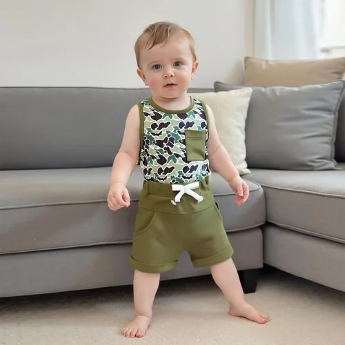 Miniatura 80 de Ropa de bebé niño sin mangas + pantalones cortos con estampado a rayas con bolsillos, 2 piezas de trajes de verano
