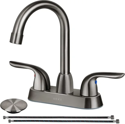 Miniatura 17 de SOKA Grifo de baño central de dos asas para fregadero de acero inoxidable de arco alto con placa de cubierta y montaje de drenaje desplegable