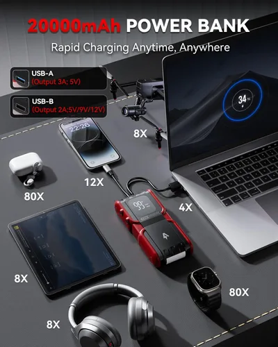 Miniatura 5 de Andeman Arrancador de auto 4000A con batería de 20000 mAh, paquete de batería portátil para auto, carga rápida Type-C, puente de litio de 12 V