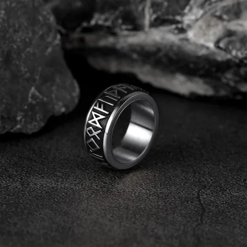 Miniatura 8 de FaithHeart Anillo giratorio nórdico vikingo con runas de acero inoxidable chapado en oro para hombres y mujeres, puede grabar personalizado