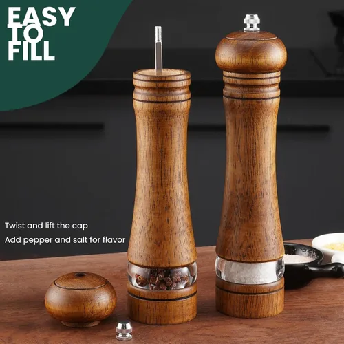 Miniatura 3 de Juego de molinillo de sal y pimienta de 2 piezas con bandeja de madera, molinos de sal y pimienta de madera de 8 pulgadas con grosor ajustable