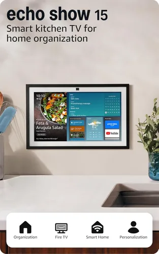 Amazon Echo Show 15 (último modelo). Hub para cocina Full HD de 15.6″ para organizar el hogar, con Fire TV integrado y control remoto por voz Alexa