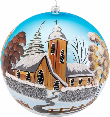 Miniatura 4 de Adorno navideño de capilla azul con soporte, bola de vidrio soplado polaco pintada a mano, bola extra grande de 8 pulgadas/200mm, adorno de fe eterna