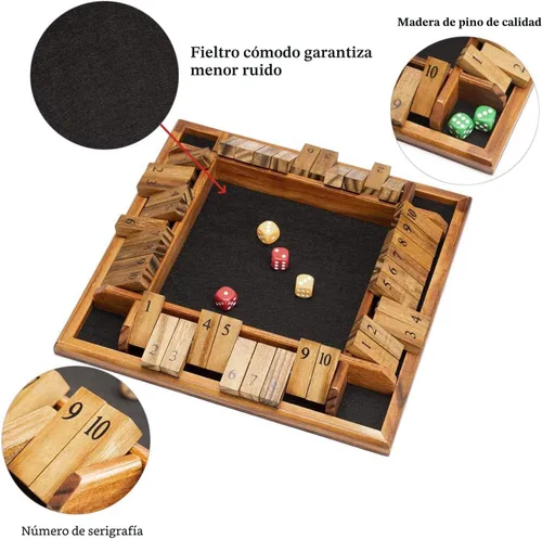 Miniatura 3 de AMEROUS Juego de dados Shut The Box para 1-4 jugadores, juego de mesa de madera con 12 dados e instrucciones de cierre de caja para niños y adultos
