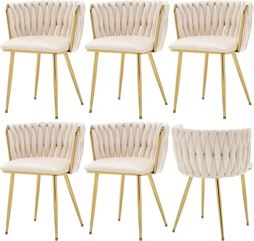 Miniatura 9 de ECHINGLE Juego de 2 sillas de comedor de terciopelo, modernas sillas de comedor tejidas tapizadas con patas de metal dorado, sillas decorativas