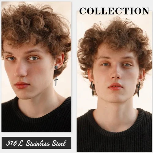 Miniatura 3 de Juego de 15 pares de aretes para hombre, de acero inoxidable, hipoalergénicos, con cruz, aretes de aro colgantes de moda, joyería de regalo