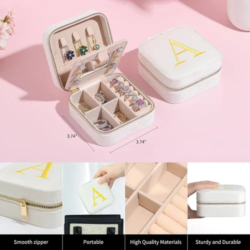 Miniatura 4 de Joyero de viaje de terciopelo de felpa personalizado, joyero pequeño con inicial, organizador de joyas, esencial de viaje blanco para mujeres