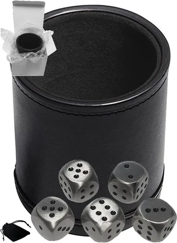 Miniatura 13 de Cyber-Deals Juego de dados de piel sintética negra con forro de fieltro negro de felpa + dados de metal de aleación de zinc de 0.630 pulgadas, caja