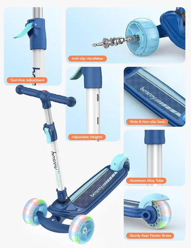 Miniatura 3 de Besrey - Patinete para niños de 3 a 10 años, patinete plegable de 3 ruedas con altura ajustable, ruedas con luz LED, plataforma extra ancha