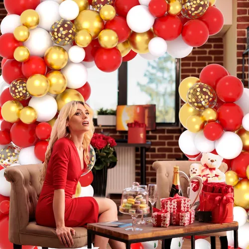 Miniatura 2 de Kit de arco de guirnalda de globos rojos y dorados, 122 globos blancos y rojos, globos de confeti de oro metálico para cumpleaños, boda, Oro blanco