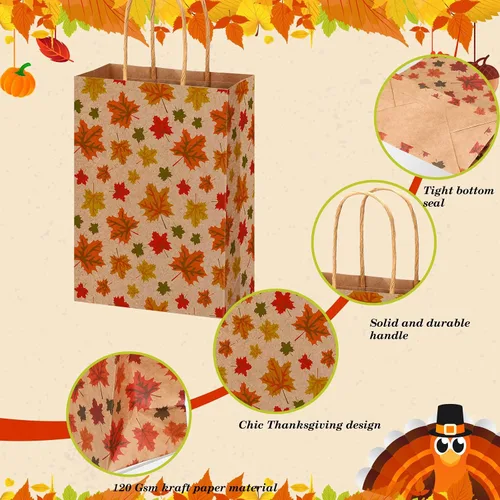Miniatura 5 de Yeaqee 48 bolsas de regalo de Acción de Gracias, hojas de arce a granel, bolsas de regalo de papel kraft con asa, recuerdos de fiesta de otoño