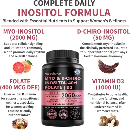Miniatura 3 de Myo-inositol 40:1 para mujeres – Suplemento de inositol con mio y D-Chiro inositol, folato y vitamina D3 – Cápsulas veganas para rutina diaria