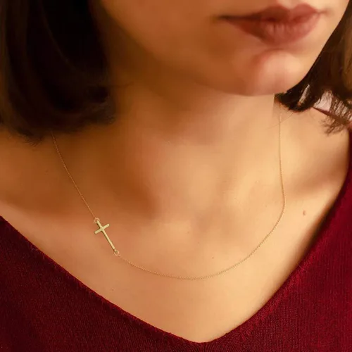 Miniatura 3 de Ovian Collar de cruz lateral para mujer, chapado en oro de 18 quilates, acero inoxidable, gargantilla religiosa cristiana