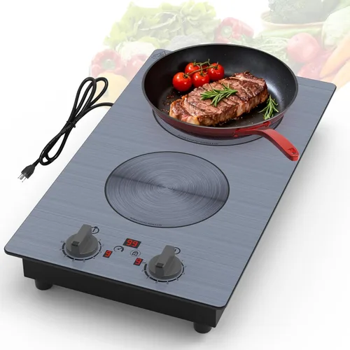 Miniatura 12 de GIHETKUT - Placa de cocina eléctrica, 110V 2100W, 9 niveles de potencia, 2 quemadores, control de botón y táctil, bloqueo para niños y temporizador