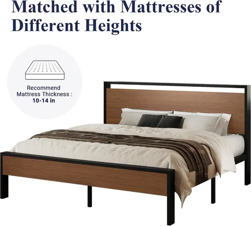 Miniatura 7 de Allewie Base de cama de plataforma tamaño King con cabecera y estribo de madera, soporte de 12 listones de metal resistente, no necesita somier