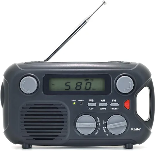 Kaito Radio de emergencia KA580 Digital Solar Dynamo Crank Wind Up AM/FM y NOAA receptor de radio meteorológico con alerta en tiempo real, Negro