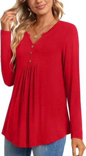 Miniatura 3 de CATHY Blusa tipo túnica de manga larga para mujer, cuello en V, con botones, informal, plisada, básica