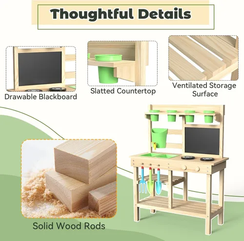 Miniatura 6 de Cocina de Juego Exterior de Madera de Cedro para Niños, Cocina de Barro con Grifo de Agua, Pizarra de Doble Cara, Estantes de Almacenamiento, Vasos