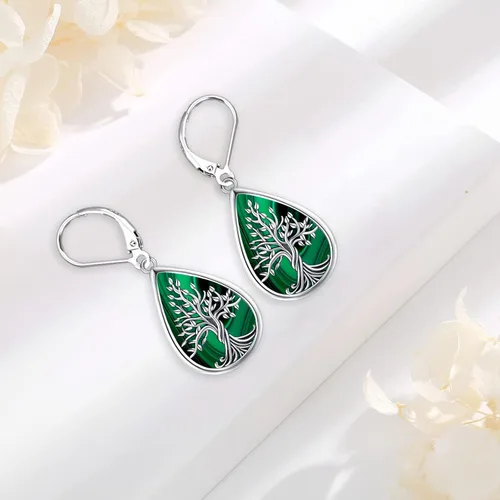 Miniatura 149 de Aretes colgantes de plata de ley con diseño de árbol de la vida, flor, abeja, animales, gato, colibrí, piedra lunar, turquesa, aretes con cierre