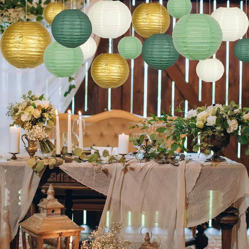 Miniatura 3 de Faroles de papel verde salvia dorados, faroles de papel colgantes redondos para graduación, boda, despedida de soltera, fiesta de cumpleaños