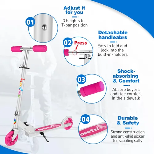 Miniatura 6 de BELEEV V1 Patinetas para niños, patineta plegable de 2 ruedas para niños y niñas, 3 alturas ajustables, ruedas iluminadas, patineta ligera con Rosa