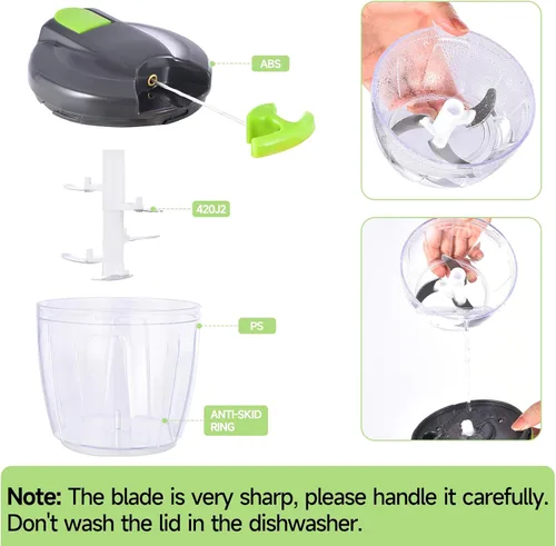 Miniatura 9 de Procesador manual de alimentos, picador de verduras, picador de ajo portátil con cuerda de mano, cortador de cebolla para verduras, jengibre, GGreen