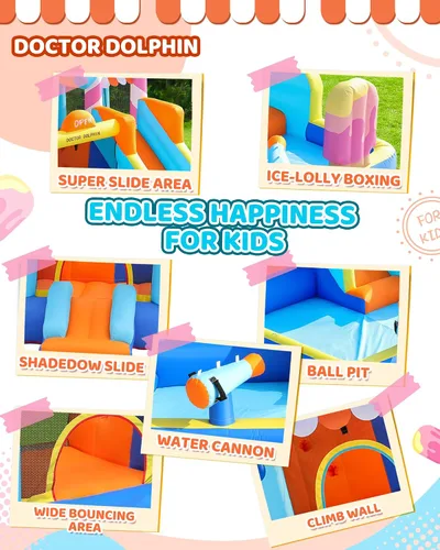 Miniatura 8 de Doctor Dolphin Casa de rebote de agua, parque inflable de tobogán acuático para niños, patio trasero, diversión al aire libre de verano con pistola
