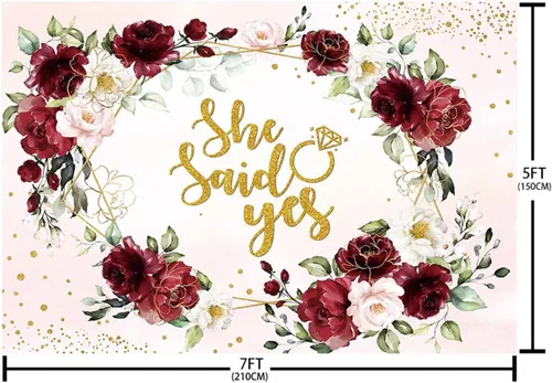 Miniatura 5 de SENDY Telón de fondo floral burdeos de 7 x 5 pies con texto en inglés "She Said Yes" para despedida de soltera, boda, aniversario, fotografía, fondo