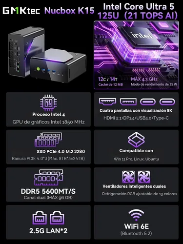 Miniatura 2 de GMKtec K15 AI Mini PC Oculink Intel Ultra 5 125U Procesador 32GB DDR5 512GB SSD, computadora de escritorio AI Boost, 3X M.2 2280 expansión