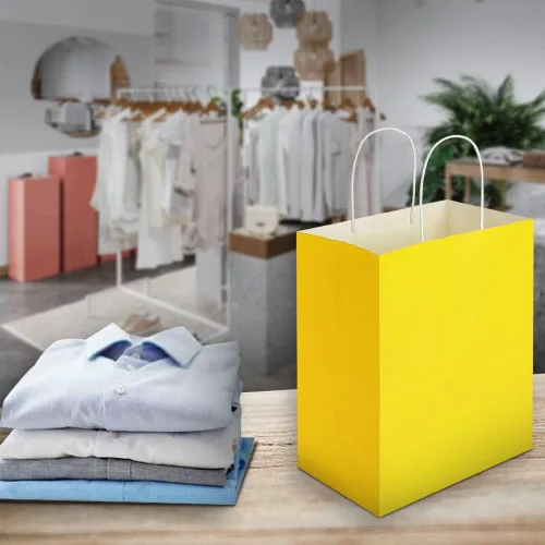 Miniatura 7 de Oikss paquete de 50 bolsas de papel kraft amarillo mediano de 8x4.75x10 pulgadas con asas a granel para cumpleaños, bodas, fiestas, regalos, compras