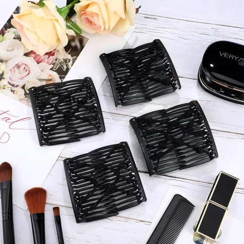 Miniatura 7 de 4 pinzas elásticas ajustables para el cabello, sin pliegues, para mujer, rizado, grueso, ondulado, color negro sólido, 4 piezas