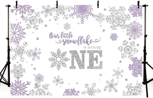 Miniatura 2 de MEHOFOND Telón de fondo de invierno de 7 x 5 pies, diseño de copos de nieve para niñas, feliz primer cumpleaños, fondo de fotografía, morado, Púrpura