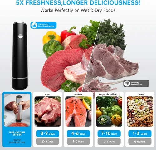 Miniatura 5 de Potente sellador al vacío de mano, máquina compacta para ahorrar alimentos con 10 bolsas reutilizables, diseño portátil para preparación de comidas