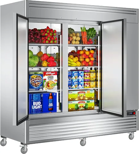 Coolake Refrigerador comercial de 82 pulgadas, 3 puertas sólidas, ventilador de acero inoxidable de 72 pies cúbicos, refrigerador, 12 estantes