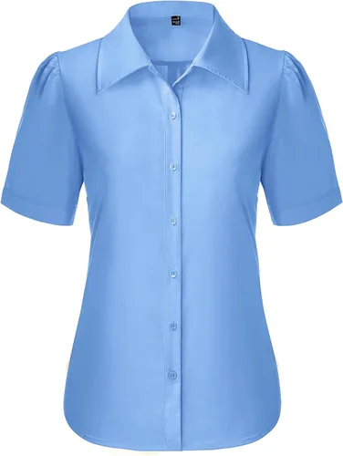 Miniatura 24 de Gleeivy Camisas de botones para mujer de manga corta abombada, camisas de vestir abotonadas con cuello ajustado, blusa superior de trabajo